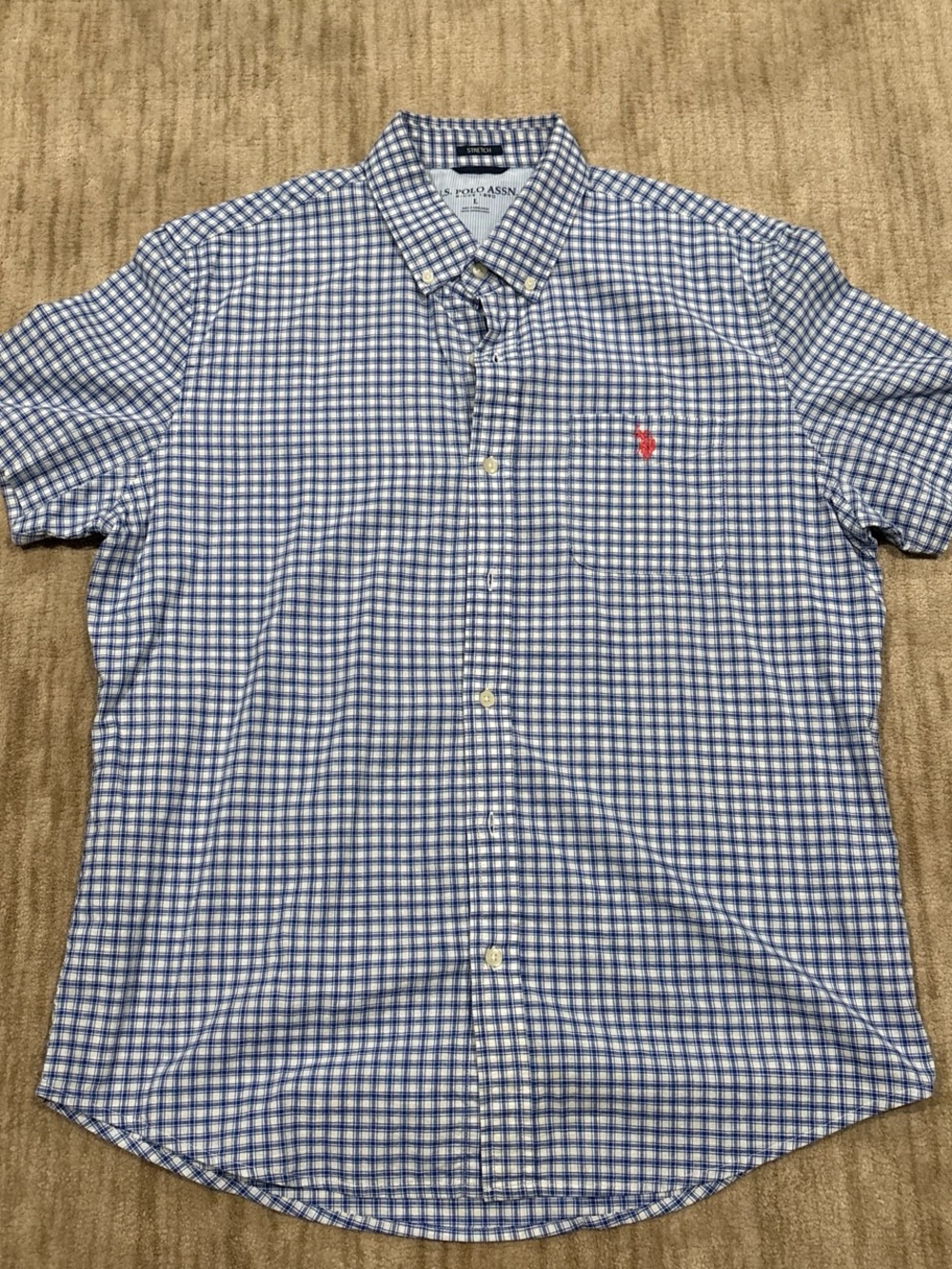 U.S. Polo Assn. Blue and White Checked Button-Down Shirt with Red Logo